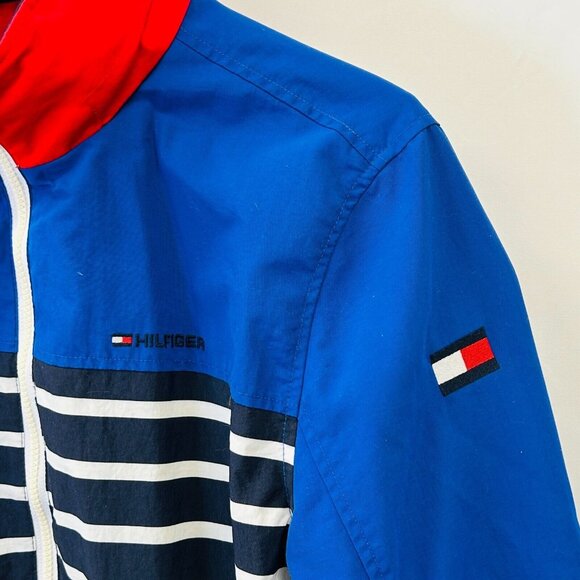 Tommy Hilfiger Nautical Striped Winbreaker Jacket Size M Blue Red Hooded Zip Up - Picture 4 of 14